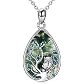 PYTALI Sterling Silver Women's Owl Pear Moss Agate Pendant Necklace Owl Tree Moss Agate Gemstone Necklace Jewelry Gift for Women Birthday Valentine's Day Christmas