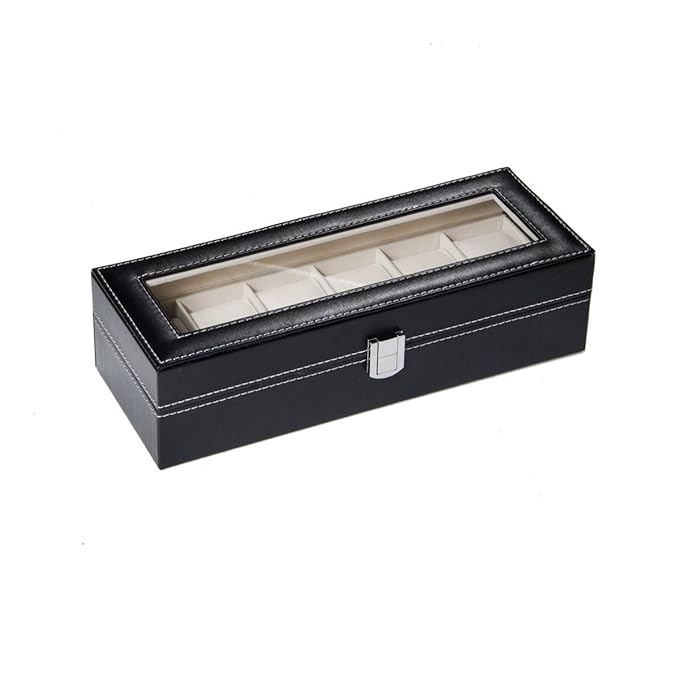 Smartcraft Faux Leather Watch Case - 6 Slots,Watch Box for 6 Watches,Black Leather Display Glass Top Jewelry Case Organizer