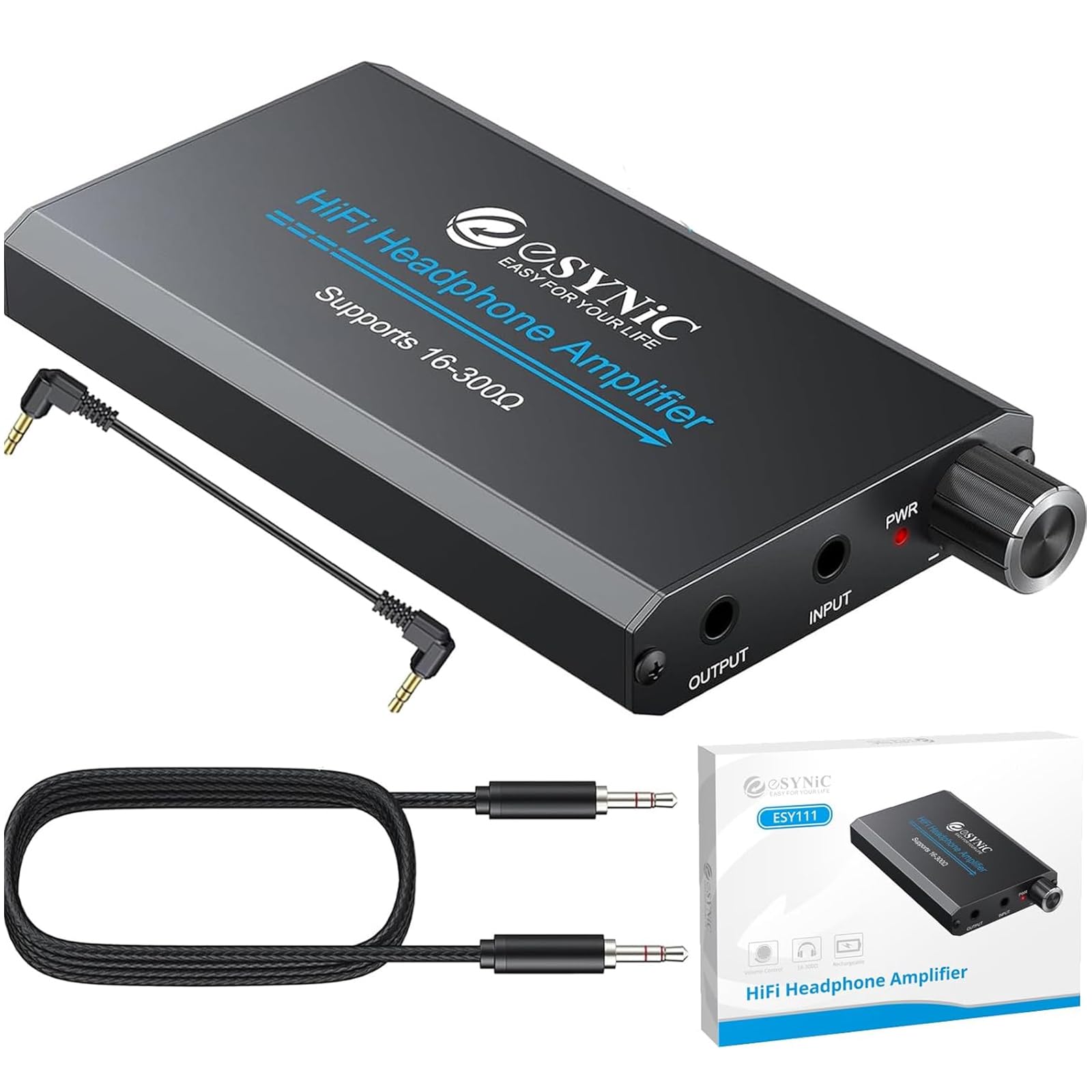 eSynic Professional 16-300Ω Headphone Amplifier Rechargeable Headphone AMP Portable Headphone Amplifier 3.5mm Headphone Amps with Two-stage Gain Switch Perfect for MP3 MP4 Phones Digital Players etc