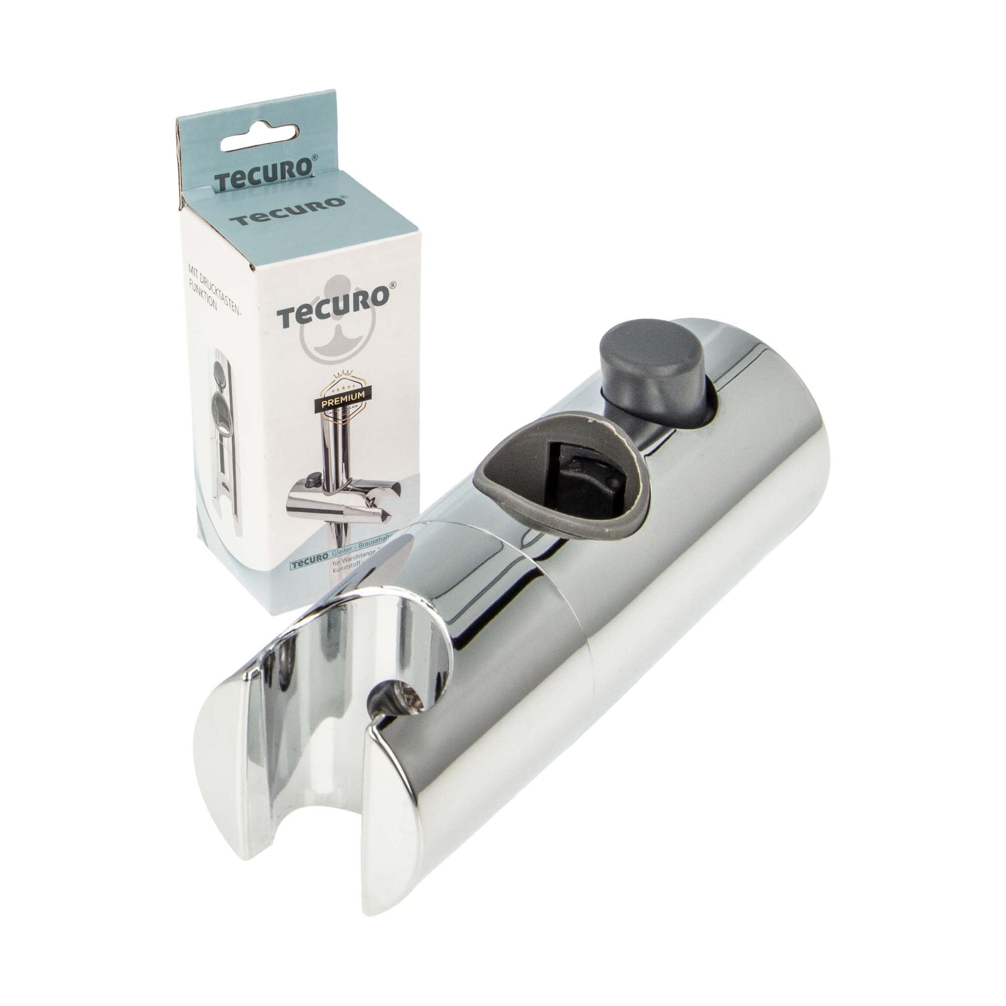 tecuro Hand Shower Holder with Push Button Function, 360° rotatable for Wall bar, 18 mm, Chrome-Plated, Height-Adjustable, high-Gloss Chrome-Plated Plastic