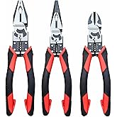 3PCS Combination Pliers Set, 9 In 1 Multifunction Electrician Tool, 8.5" Long Nose, 8.5" Linemens, 8" Diagonal Cutting Wire Stripper/Heavy Duty Side-Cut (Red/Black)