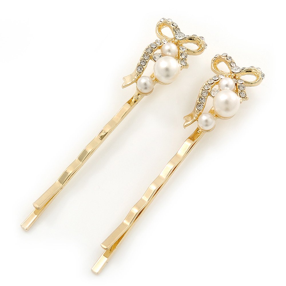 Pair Of Clear Crystal Simulated Pearl Bow Hair Slides/Gold Plated/ 55mm L