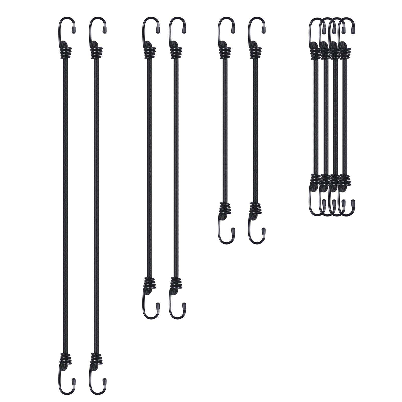 SyiXute 10 Pcs Bungee Cords With Hooks,4 Lengths,Heavy Duty Outdoor Elastic Bungee Straps,Multi-Purpose Elastic Bungee Straps for Securing Tarps,Luggage,Tents,Bikes or Garden Tidying (Black)