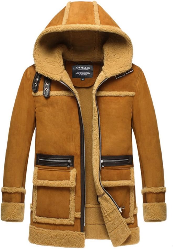 CWMALLS Mens Sheepskin Shearling Coat with Hood CW858358