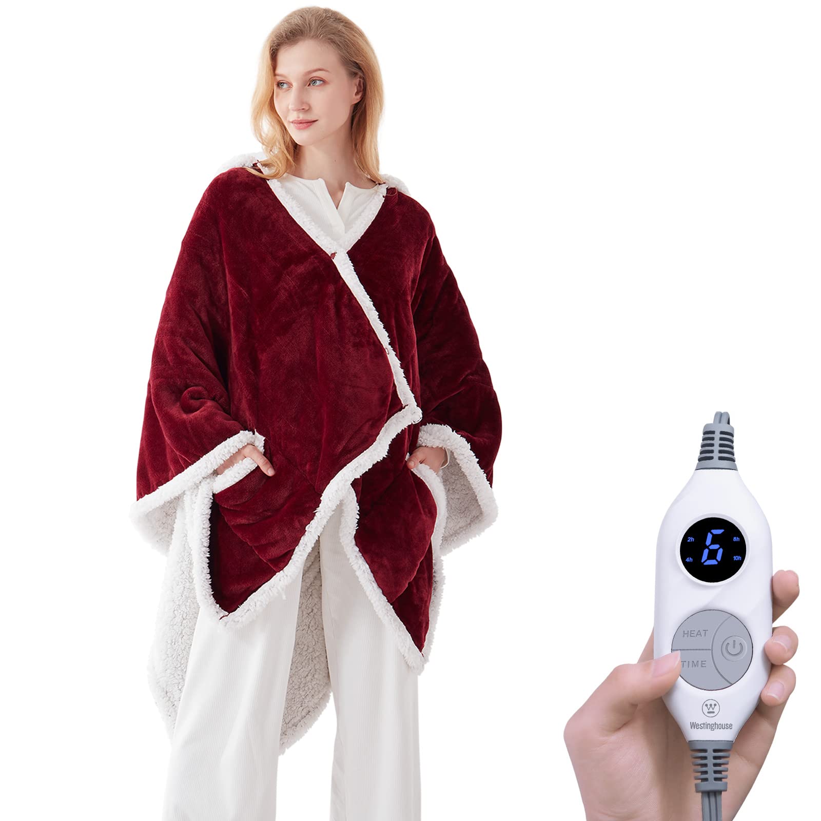 Westinghouse Wearable Heated Throw Blanket, Electric Heated Wrap Poncho Shawl with Pockets, 6 Heating Levels & 2 to 10 Hours Time Settings, 50 x 60 Inch, Red Image