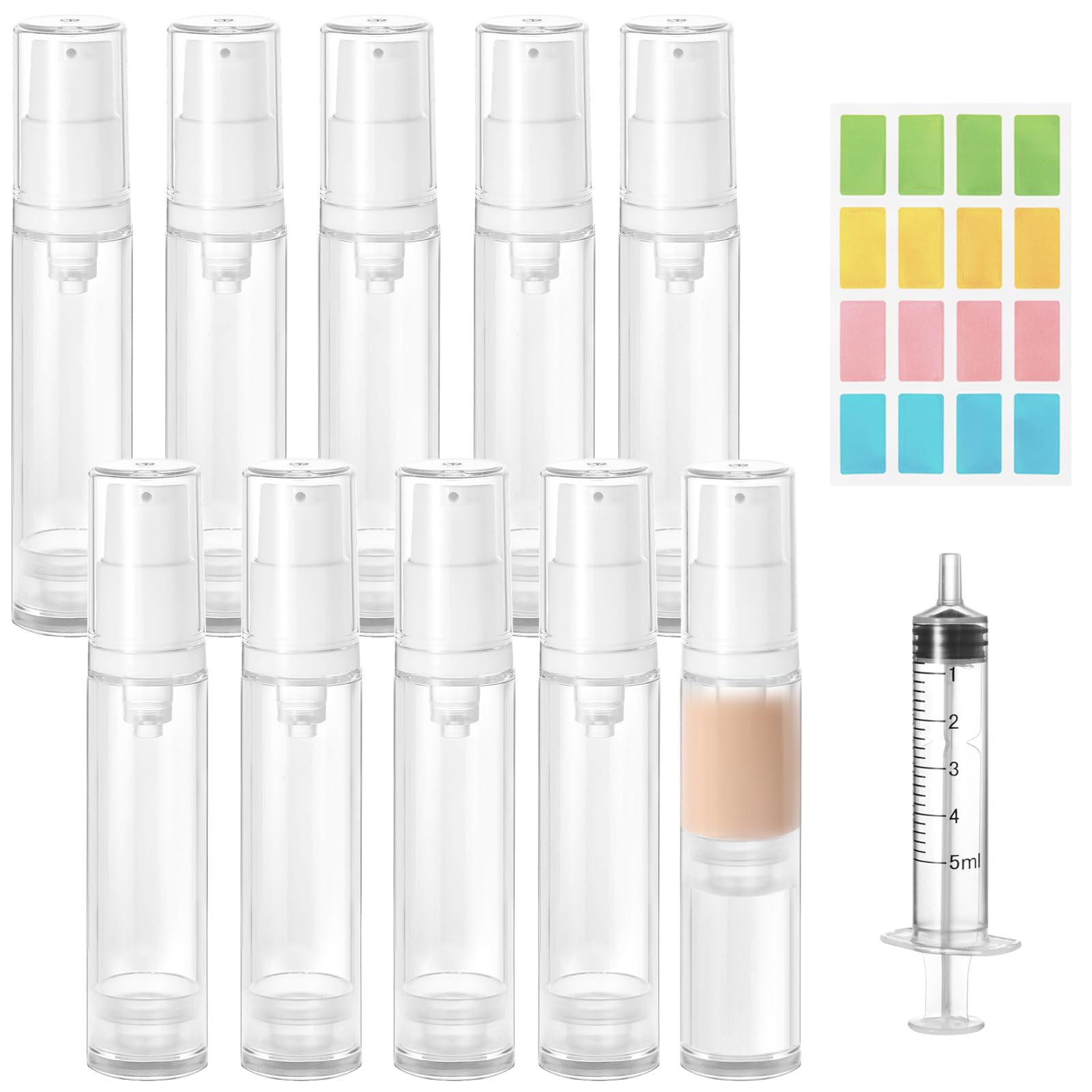 Furuising 10Pcs 10ml Airless Pump Bottle, Mini Empty Travel Pump Bottles, Refillable Clear Lotion Pump Containers with 5ml Syringe and Stickers for Foundation, Essence, Cream, Toiletries