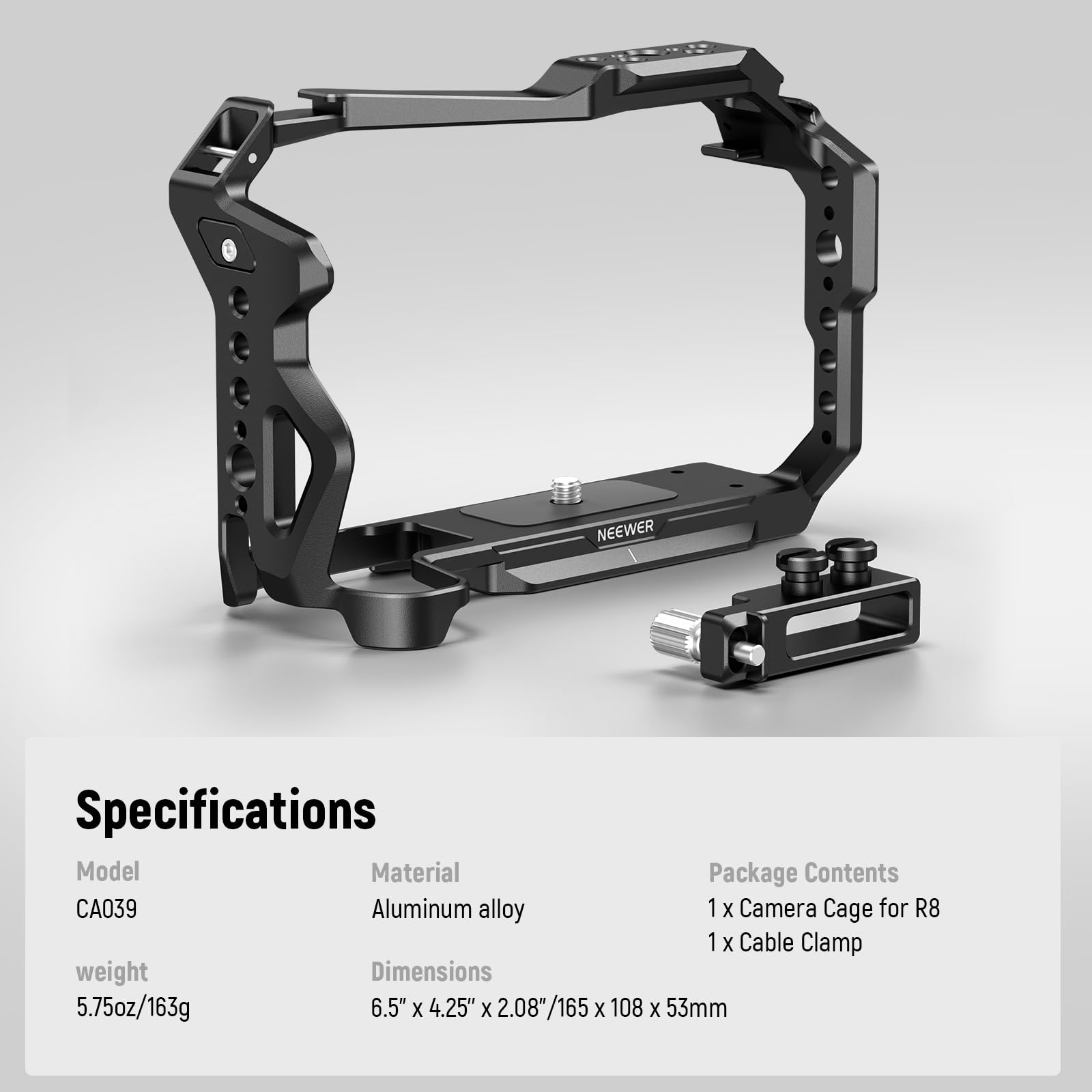 NEEWER EOS R8 Camera Cage, HDMI Cable Clamp, NATO Guide, Quick Release Ark Type Base, Anti-Torsion Screws, Aluminium Protective Video Rig Compatible with Canon R8 DJI RS 2 RSC 2 RS 3 Pro, CA039