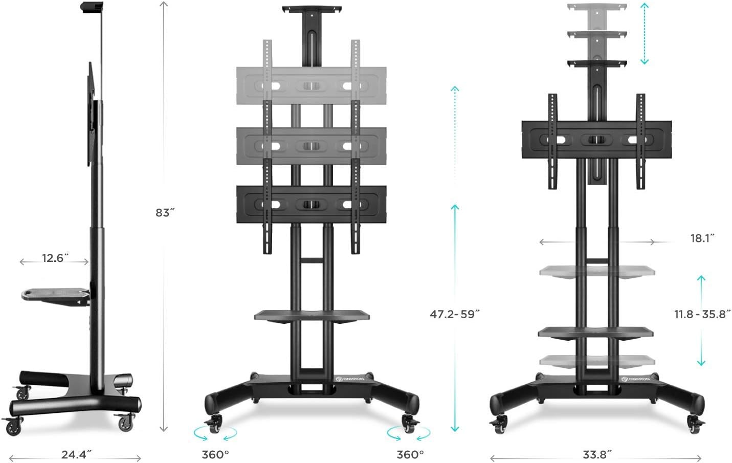 ONKRON Mobile TV Stand with Mount Rolling TV Cart for 40” – 70” LCD LED Flat Screen TV with Wheels Shelves Height Adjustable TV Trolley (TS15-51): Electronics