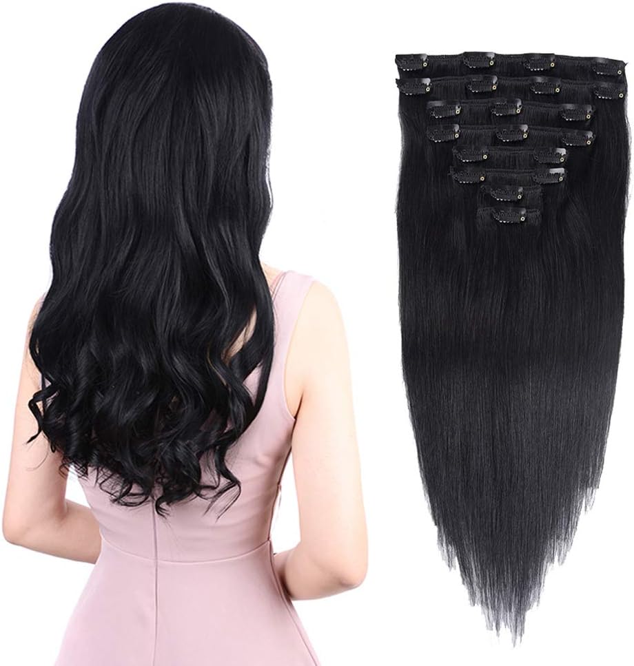 Remy Hair Extensions Human Hair Clip in 12 inches 80g Jet Black #1 Color 8Pieces Double Weft Straight Real Hair Extension Clips Human Hair for Women (12"-80g, Jet Black #1)
