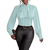 Vrtige Women's Elegant Bow Tie Neck Long Sleeve Blouse Office Shirt Top