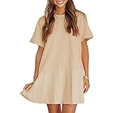 EXLURA Womens Summer Casual Short Sleeve Dress Crewneck Tshirt Dresses Pleated Aline Mini Dress 2025 Vacation Beach Sundress
