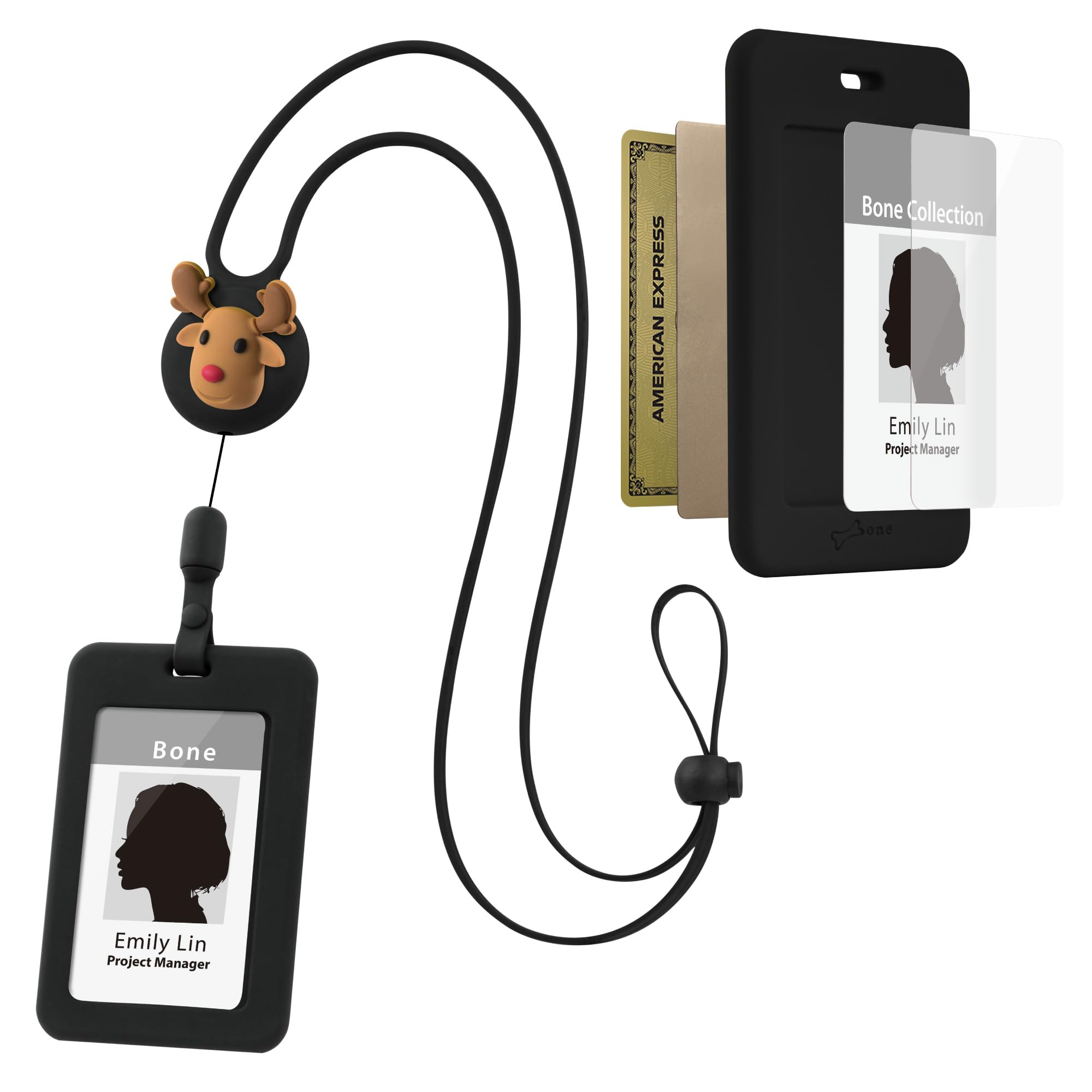 【Bone】 Lanyard Retractable Badge Holder - ID Badge Holders with Slim Case, Large Capacity, Multiple Cards Slot,Interchangeable Lanyard Strap (Mr. Deer)