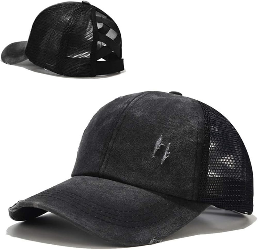 ZERDOCEAN Unisex Baseball Cap, Distressed Ponytail Messy Bun Criss Cross Baseball Hats Adjustable Washed Dad Hat Trucker Mesh Sun Hat Black at  Women’s Clothing store