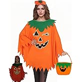 3PCS Halloween Pumpkin Costumes for Women Adults Glow in The Dark Halloween Outfit with Poncho, Headband and Bag Spooky Fun Party Costume with 3D Collar Design One Size Fits Most,Halloween Costume