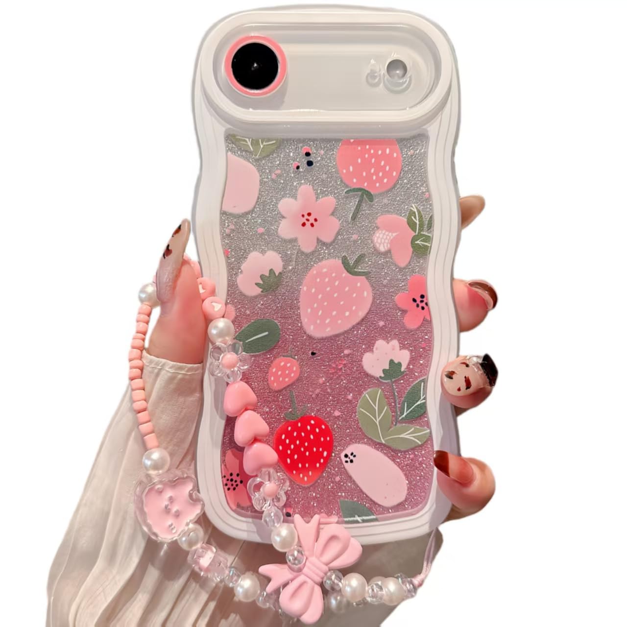 Compatible with iPhone 17 Pro case, cute wavy edge shell, kawaii strawberry, floral pattern with cute bracelet, made of soft, eco-friendly and durable TPU material, suitable for women and girls