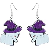 Wooden Halloween Earring Funny Cartoon Pumpkin Black Cat Ghost Earrings Wood Creative Freak Show Ghost dangle Earrings for Cosplay Party Halloween Jewelry for Women (D)