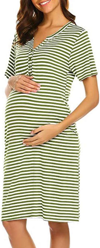 Women's Striped Nursing Nightgowns Breastfeeding Maternity Dress Labor Robe Delivery Hospital Nighties Summer Short Sleeve Nightdress Cotton Soft Sleepwear Green