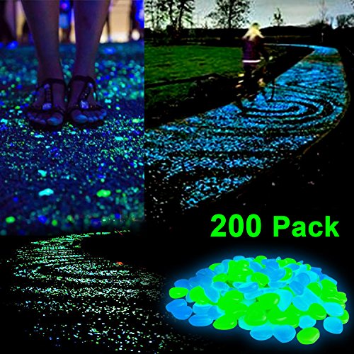 Sunnest 200 Pcs Glow in the Dark Garden Pebbles for Walkways/Garden/Path/Fish Tank/Aquarium, Decorative Stones(Green &Blue)