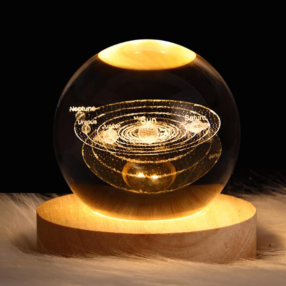 DRYFAL 3D Solar System Crystal Ball Night Light for Kids - Glass Ball Night Lamp with Wood Base - Fantasy Decor - LED Galaxy Planet Nightlight Gift - Bedroom Decor