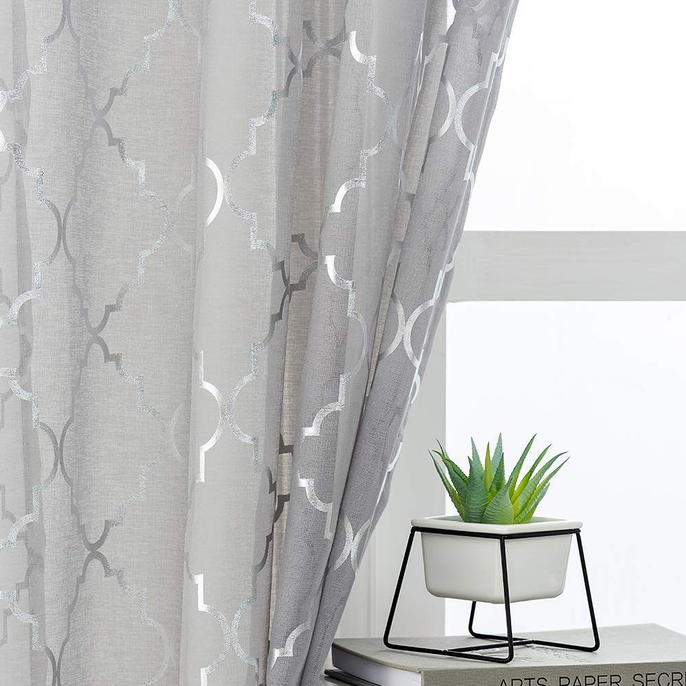 Kotile Grey Net Curtains for Bedroom - Metallic Silver Foil Moroccan Tile Print Eyelet Voile Curtains 72 Inch Drop, Soft Touch Semi Transparent Privacy Curtain, W46 x D72 Inch, 2 Panels, Silver Gray