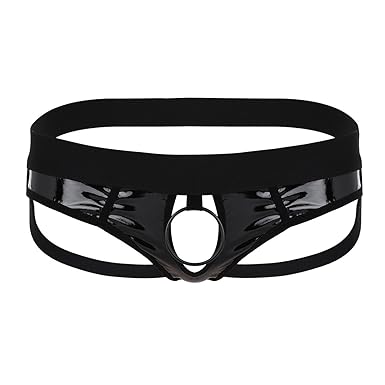 Agoky Herren Sexy Strings Jockstrap mit Öffnung Loch Metall-Penisring Männer Bikini Slip Thong Tanga Lack Leder Briefs Low Ri