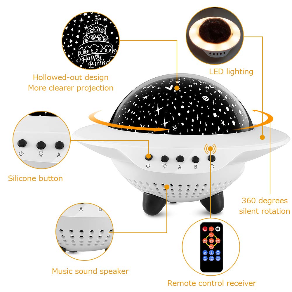 Baby UFO Star Night Light for Kids,Sleeping Sound Machine with Remote,Timer,Built-in Bluetooth Speaker, Best Projection Lamp Gift for Bedroom Birthday Parties Christmas - 3 Sets of Film
