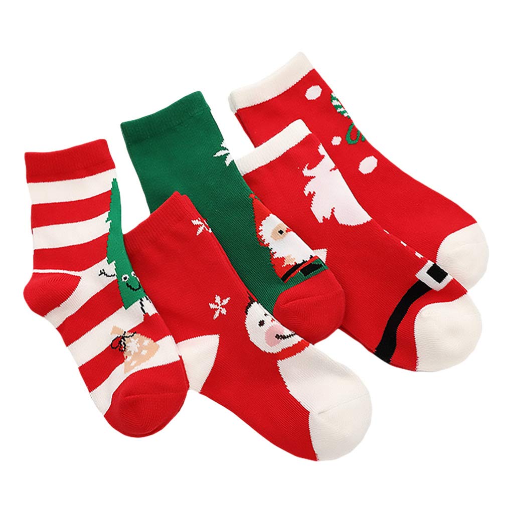 TOYANDONA 5 Pairs Kids Christmas Socks Boys Girls Toddler Baby Cotton Socks Holiday Warm Winter for 6-8 Years Old L