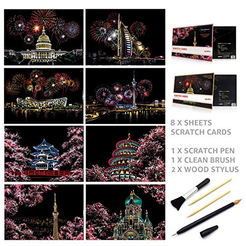 Ageqi Scratch Art Paper Rainbow Painting Sketch Pad for Adult and Kids, Night View Scratchboard, DIY Arts & Crafts,with 4 Tools,Size:11.7''x8.3''ï¼ˆA4ï¼‰