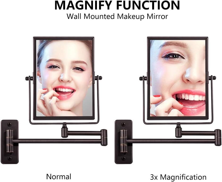Qimh Wall Mounted Makeup Vanity Mirror, 8x6 Inch Rectangular 3X Magnifying with Extendable Arm, Bronze Double-Sided Swivel Mirror: Furniture & Decor
