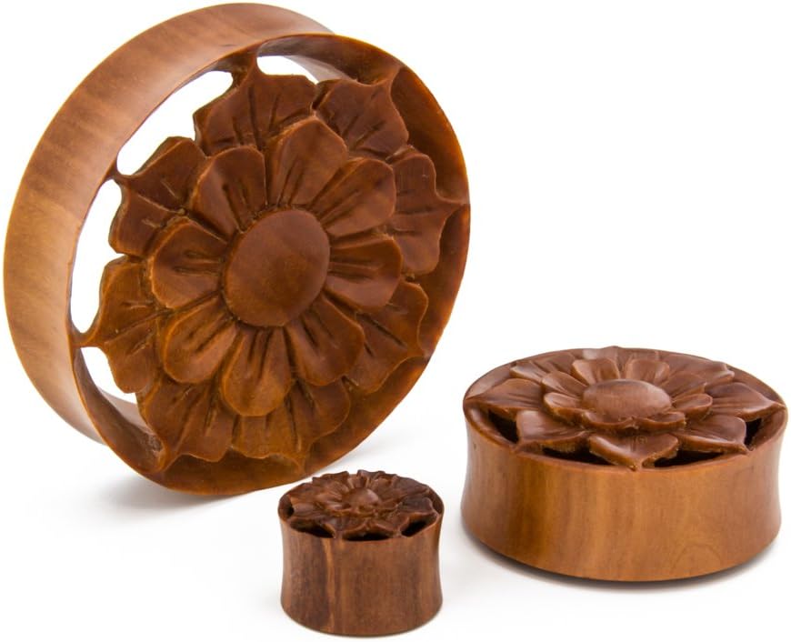 Elementals Organics Saba Wood Hollow Plugs for Ear - Ear Gauge Spring Oasis Flower Design