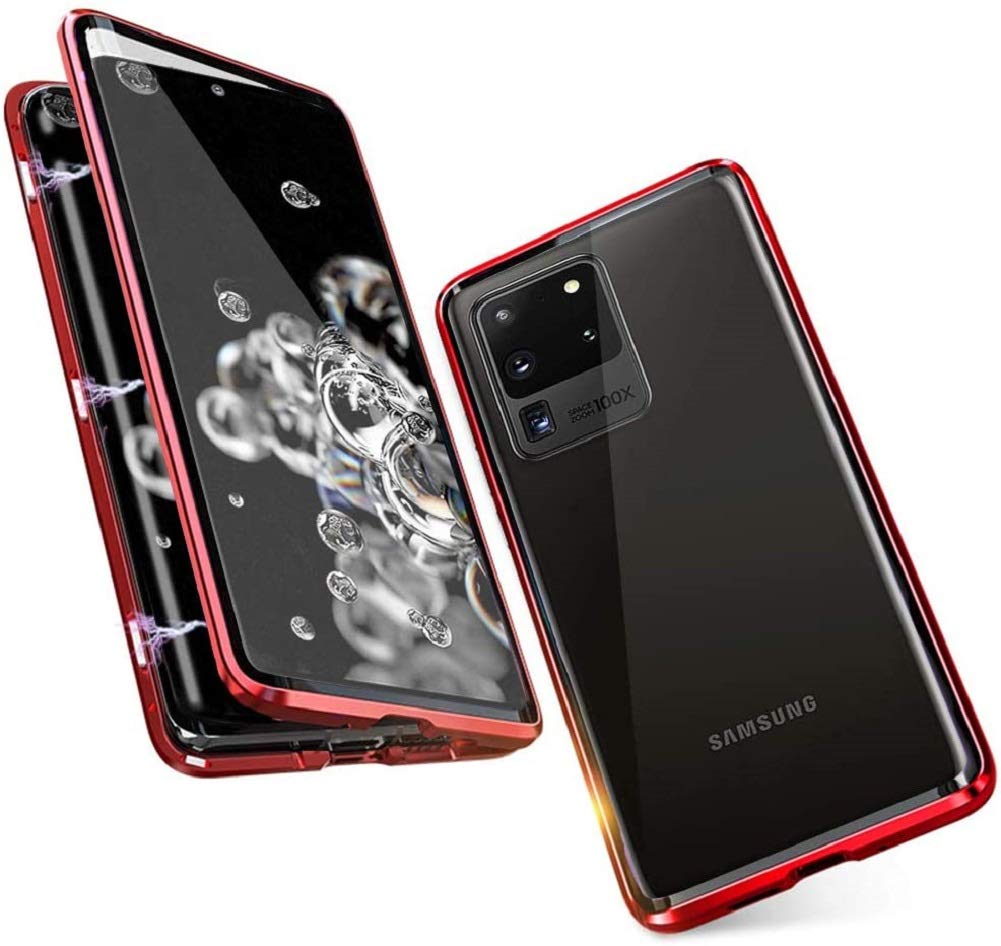 Case Compatible for Samsung Galaxy S20 Ultra Case Magnetic Case,Magnetic Adsorption Metal Cover Front and Back Tempered Glass Transparent 360 Degrees Protector Cover Camera Lens Protector Case,Red