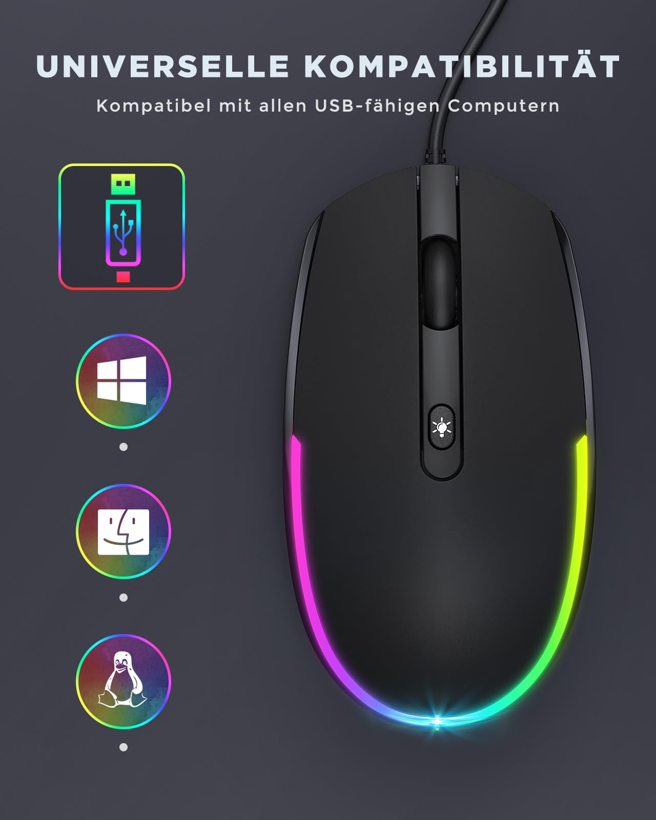 seenda Maus mit Kabel, PC Computermaus mit Kabel, 1600 DPI USB Maus Kabelgebunden für Laptop/PC/Computer/Mac, Schwarz 6