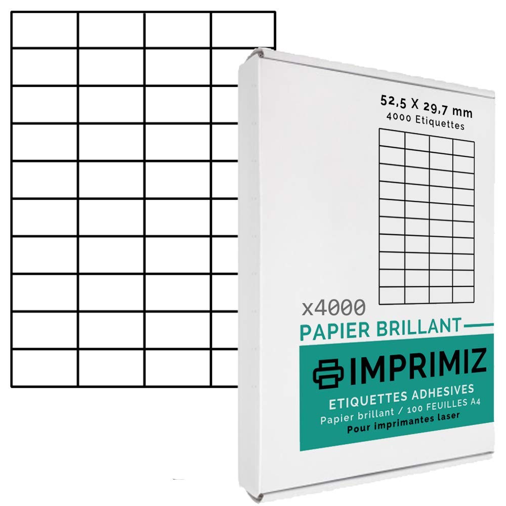White GLOSS labels - 52,5 x 29,7 mm - 4000 pcs / 100 A4 sheets (40 sticky glossy labels per sheet) - for Laser Printers