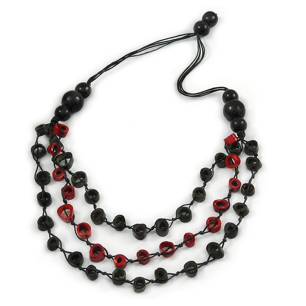 Avalaya Red/Green/Black Bone Bead Cotton Cord Layered Necklace/ 78cm L
