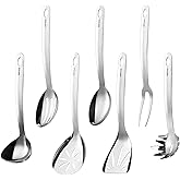 HIFIND Stainless Steel Cooking Utensils Set, 7PCS Kitchen Utensils Set, Durable Kitchen Utensils - Meat Fork, Solid Serving Spoon, Ladle, Pasta Fork, Skimmer, Slotted Serving Spoon, Slotted Spatula