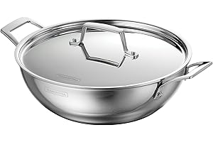 Tramontina Utsava 4-Quart Tri-Ply Clad Stainless Steel Kadai with Lid, Kadhai Pot for Indian Cooking