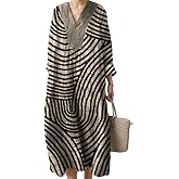 Akivide Women's V Neck Boho Floral Linen Maxi Dress Casual Plus Size Long Sleeve Beach Vacation Tunic Dresses with Pockets