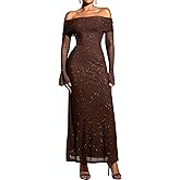 KUTUMAI Women Off Shoulder Bodycon Maxi Dress Long Sleeve Mesh Ruched Party Formal Wedding Guest Dresses