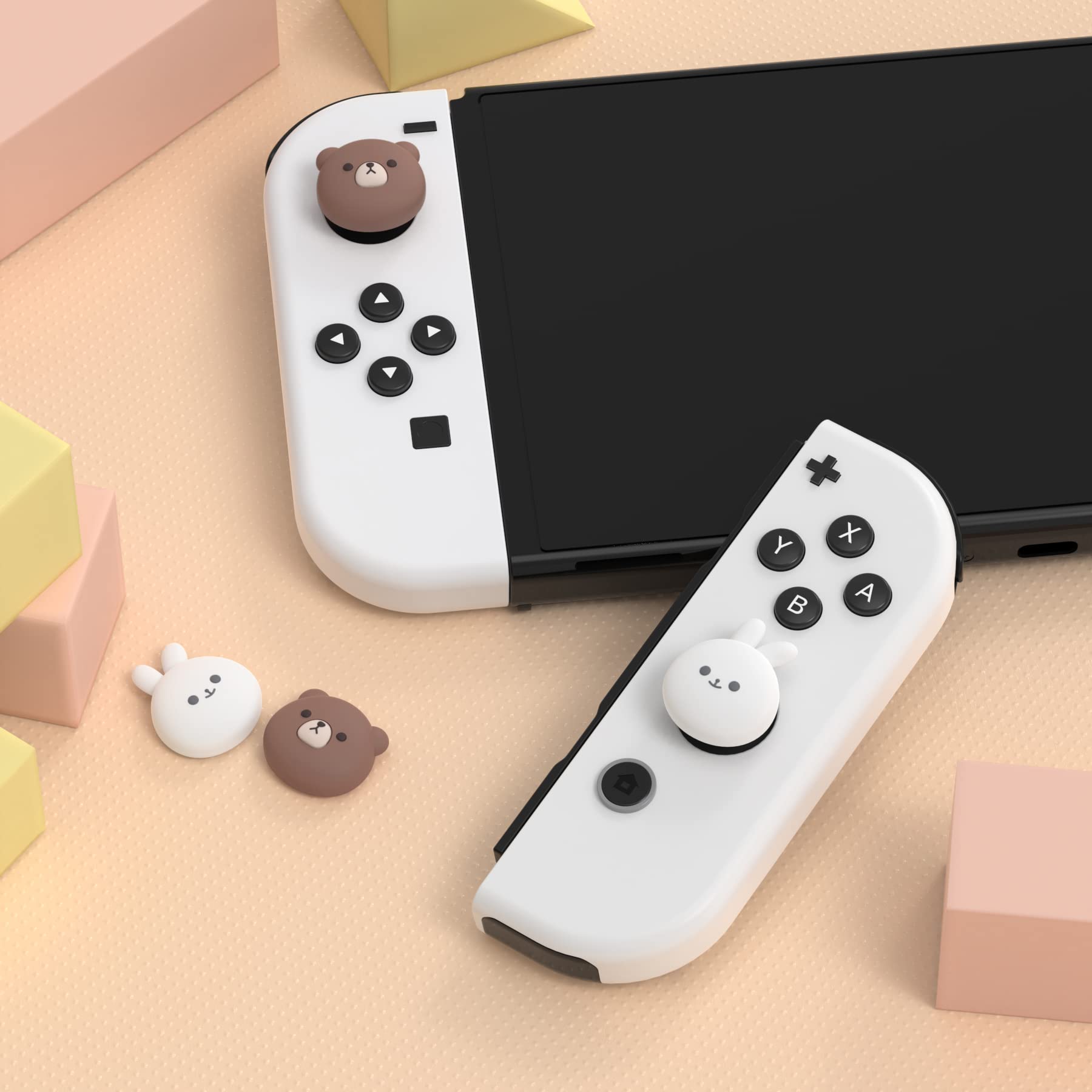 playvital Joystick Caps for Nintendo Switch, Thumbstick Grips for Switch Lite, Analog Cover for OLED Joycon Thumb Grip Caps - Chubby Bear & Smiley Bunny