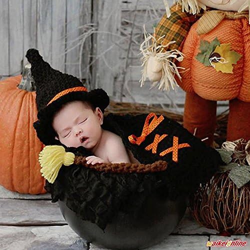 Newborn Baby Girls Boys Wizard Suit Magician Halloween Hat Broom Set Photo Prop