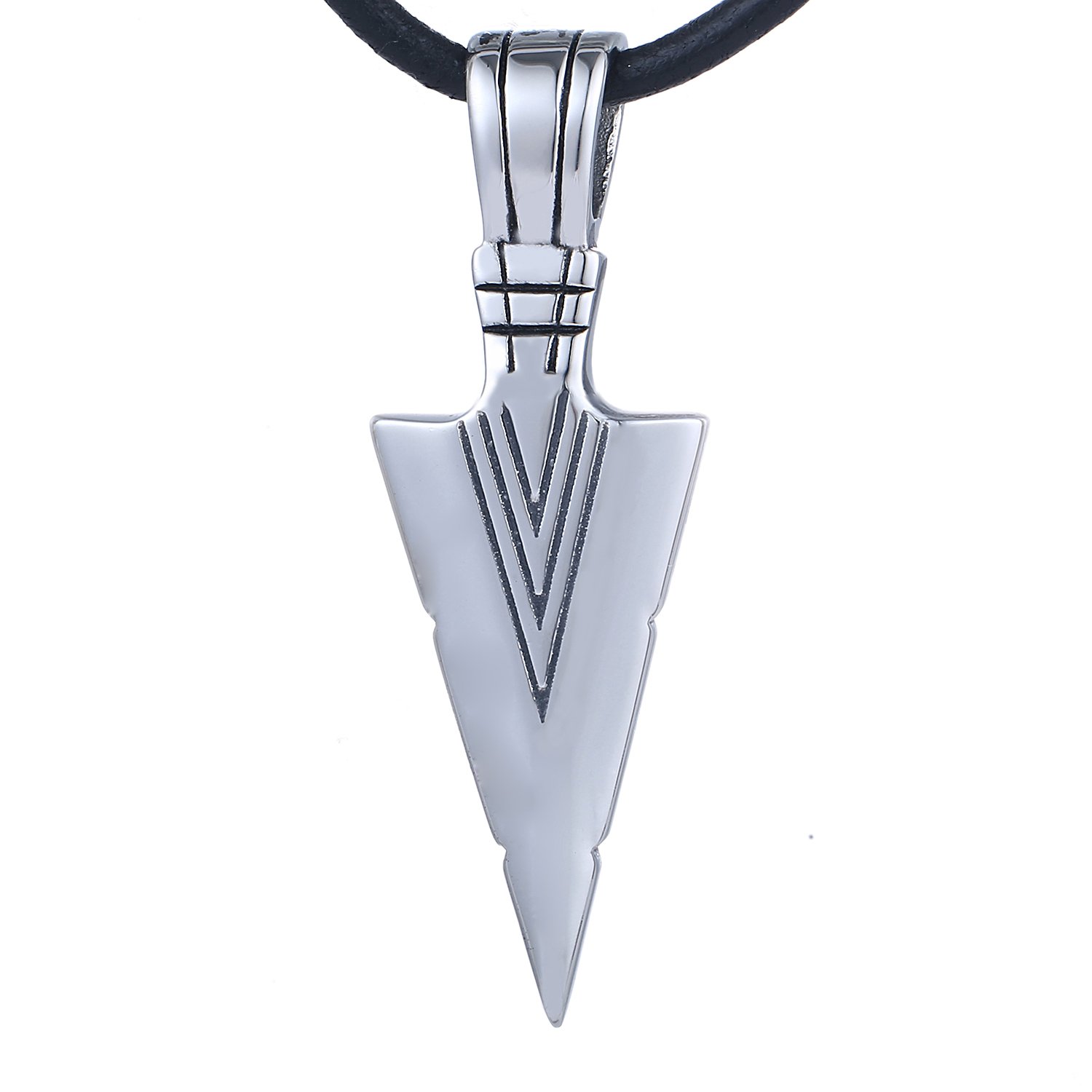 DonDon Men's Inka Spike Spear Stainless Steel Lucky Charm Necklace with Black Pouch Silver