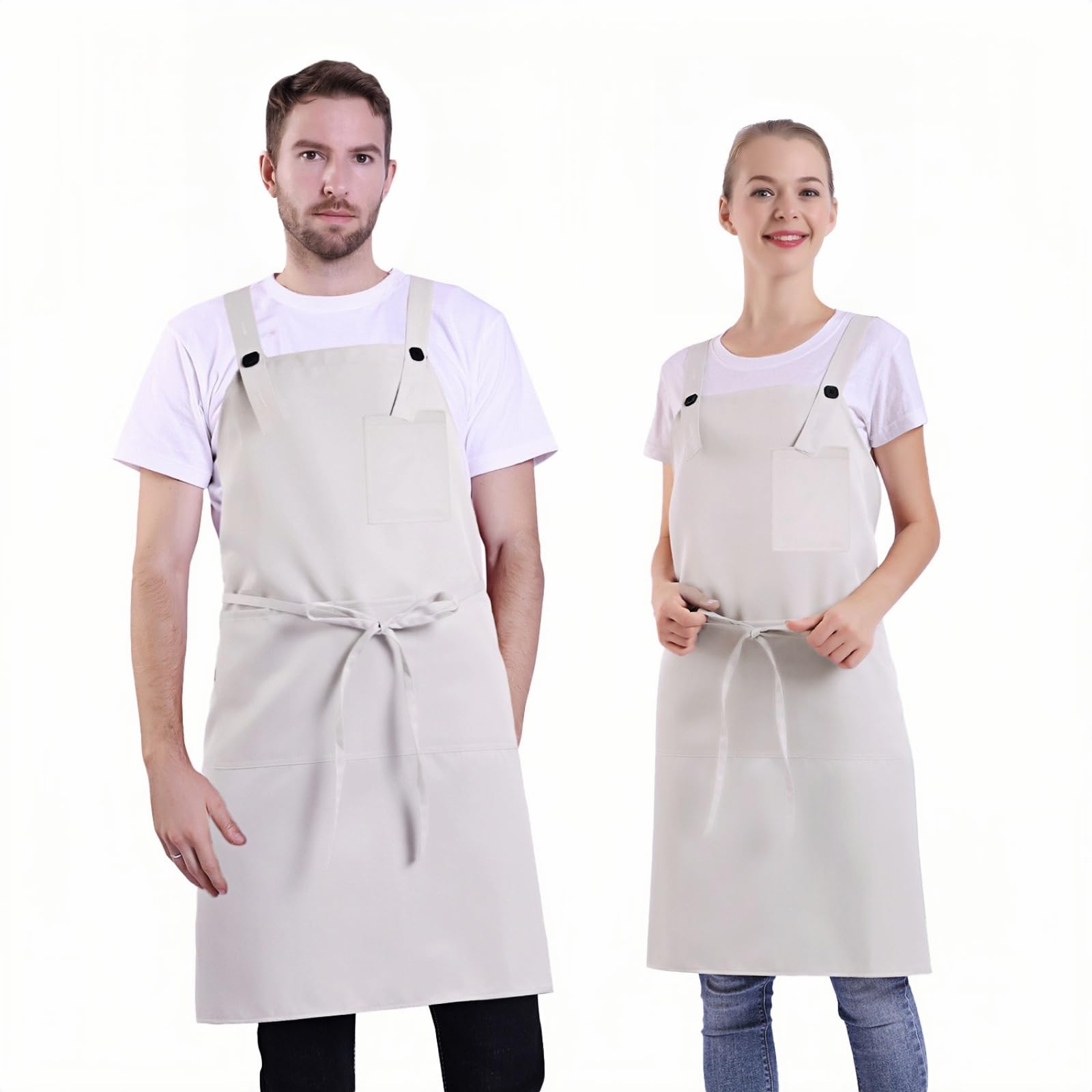 BIGHAS H Back Style Apron with Pocket for Women, Men Adjustable Large Size Comfortable, Kitchen, Home, Cooking 12 Colors (Beige)