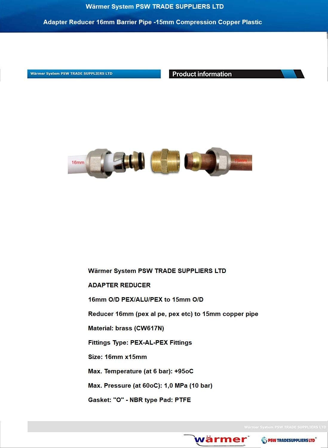 Compression Adapter Reducer Copper x Plastic 16mm x 15mm Pipe Wärmer System PSW Trade SUPPLIERS LTD Pack of 4 - Image 3