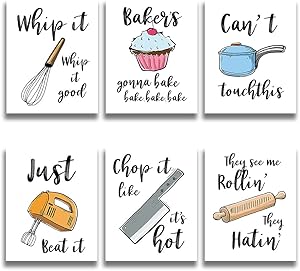 Funny Colorful Kitchen Wall Art Prints Kitchenware with Sayings Unframed Farmhouse Home Office organization Signs Bar Accessories Decorations, 6 Set, white house Deco Kitchen Decor (8