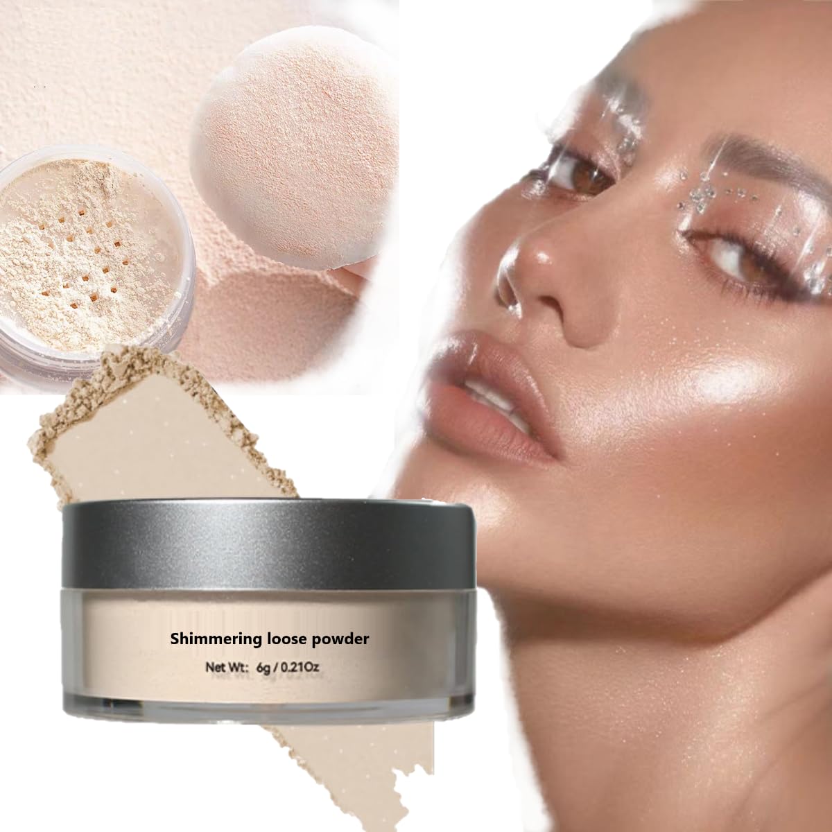 KARLOR Shimmering Loose Powder with Puff - Glow Setting Powder with Shimmer Fixing & Mattifying Makeup Finish - Waterproof