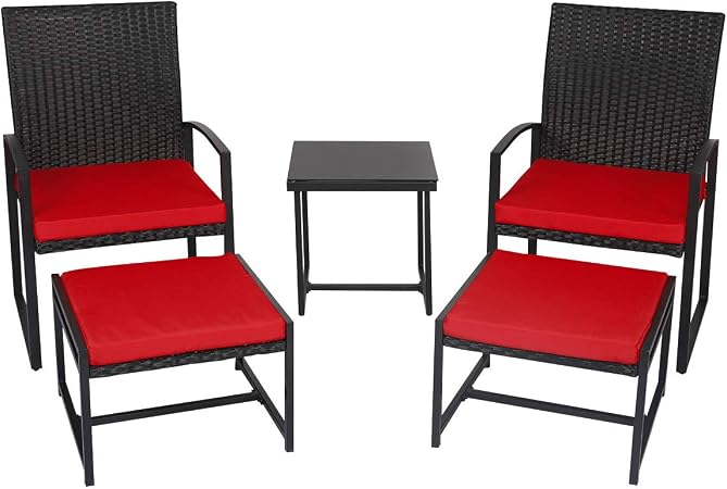Amazon Com Kinbor 5 Piece Patio Wicker Porch Chairs Outdoor Pe Rattan Furniture Set With Cushioned Ottoman And Table Garden Outdoor