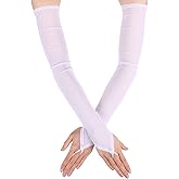 HaiFafafaing Sheer Gloves Fingerless White Long Lace Gloves for Women Elbow Length Tulle Glove for Wedding Bridal Opera Party Halloween Costume