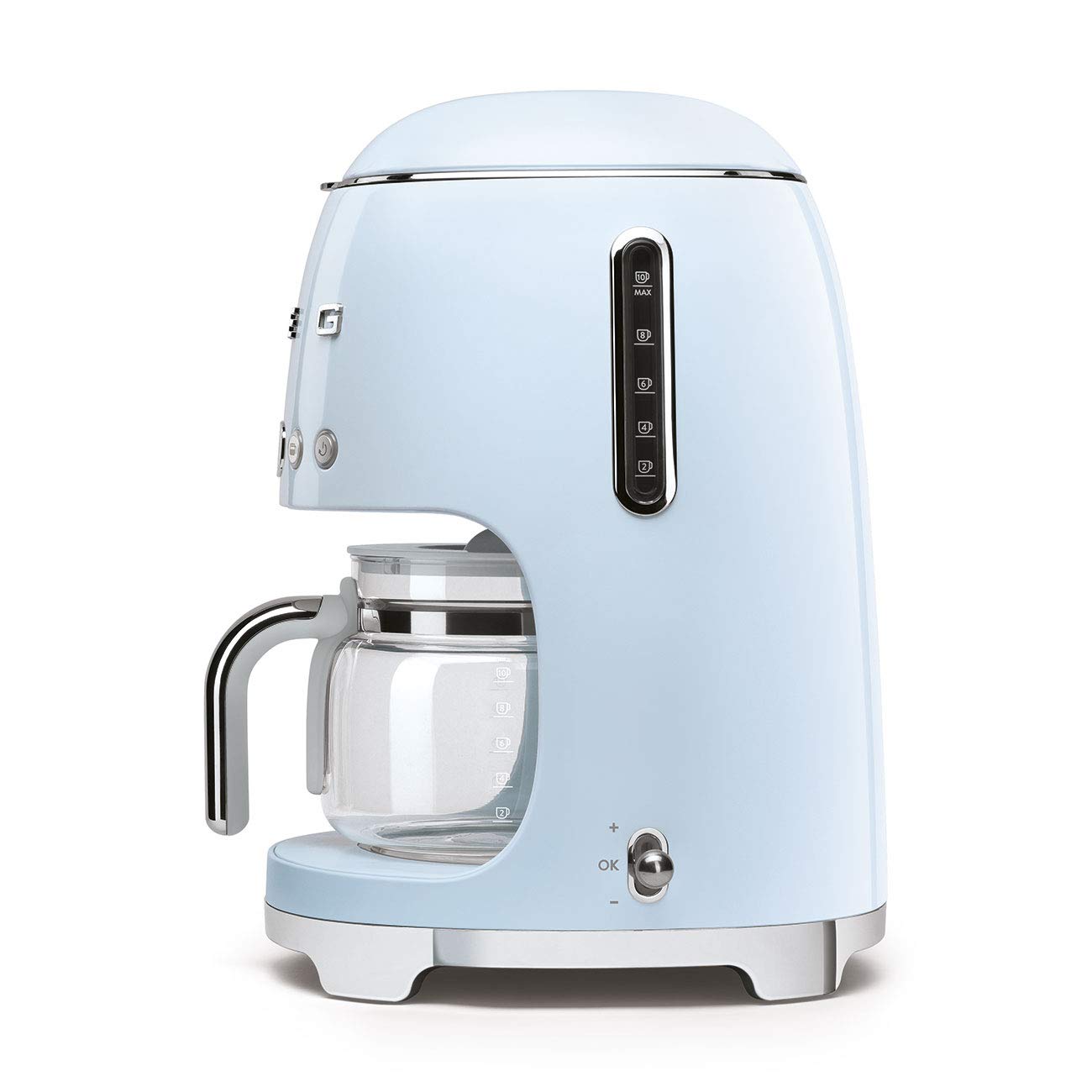 Smeg Cafetera de goteo estética estilo retro de los años 50 con jarra de vidrio para 10 tazas, función de inicio automático, plato para mantener caliente y dos configuraciones de intensidad del café (azul pastel)