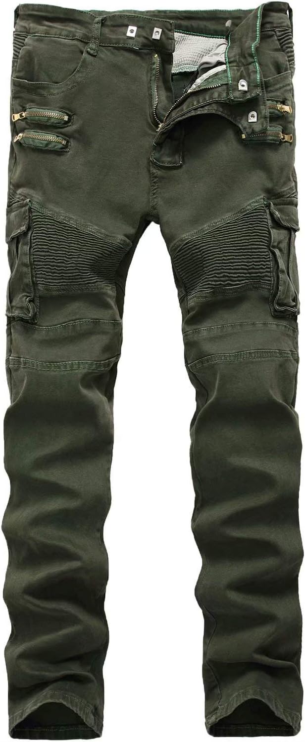 HENGAOMen's Moto Biker Slim fit Cargo Jeans with Side Pockets