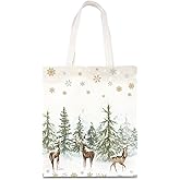 Whaline Christmas Canvas Tote Bags Watercolor Xmas Tree Reindeer Snowflake Grocery Shopping Bag Xmas Winter Reusable Gift Goodie Bag for Gifts Wrapping Storage, 13.4 x 15.8in